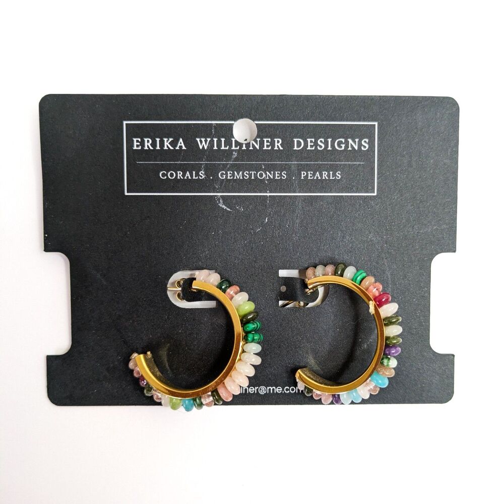 Erika Willner Designs Multi-colored Agate Stones Beaded Gold-Tone Hoop Earrings